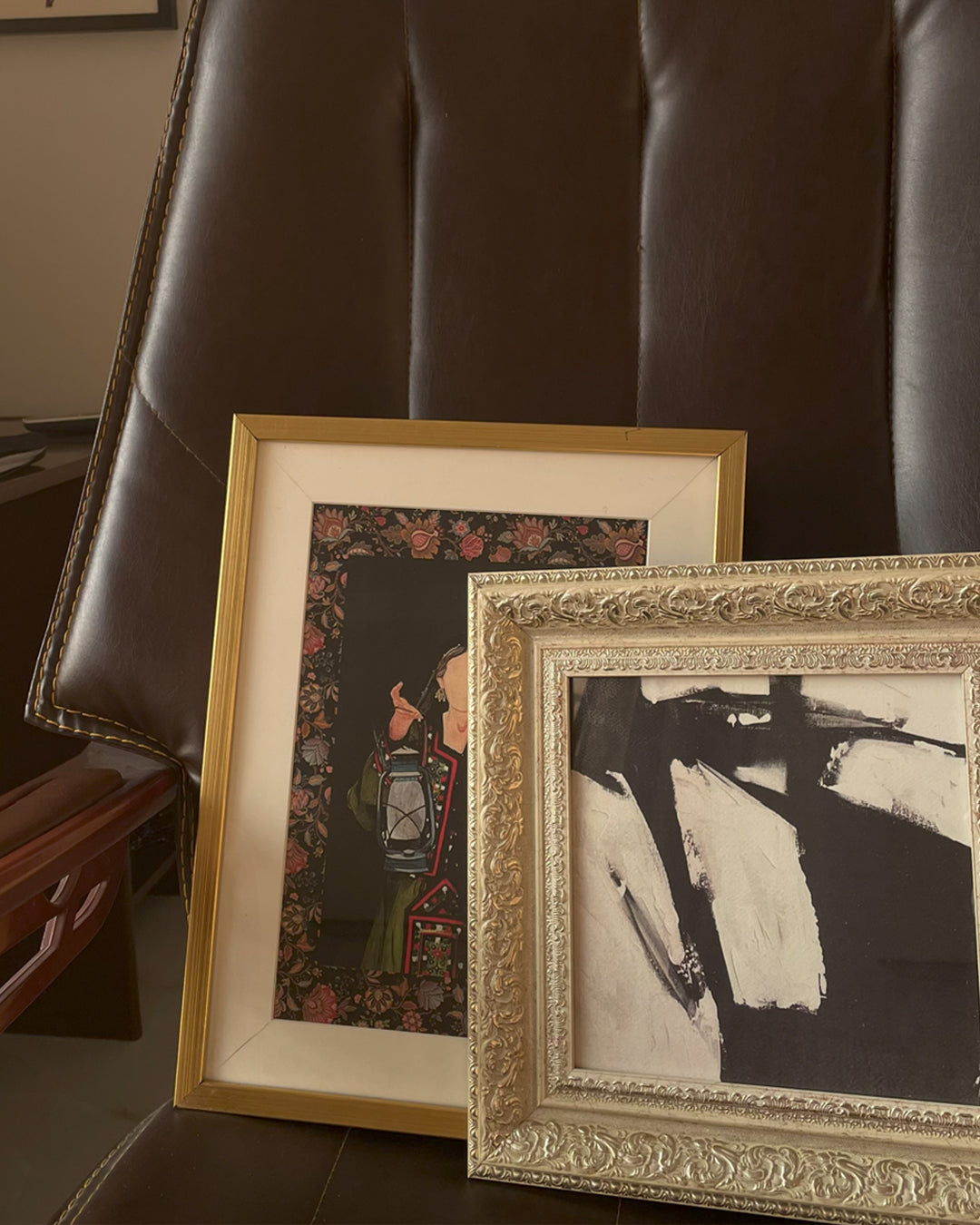 Close-up of ornate beige gold frame corner