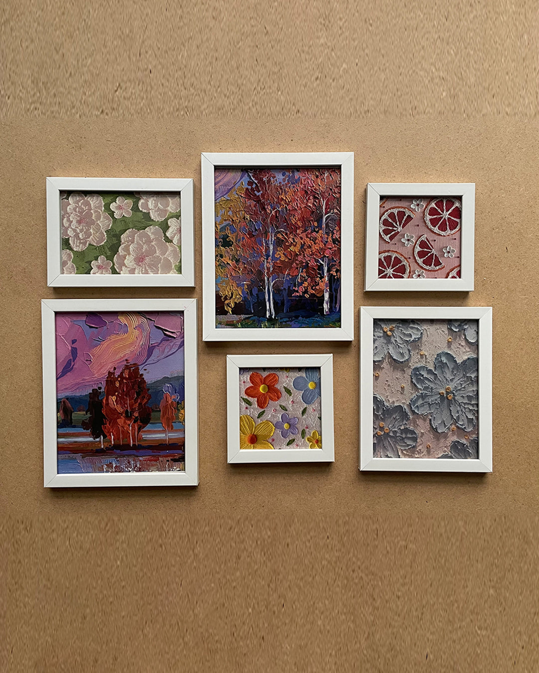 Zoomed view of Blossom frame set mounted on living room wall