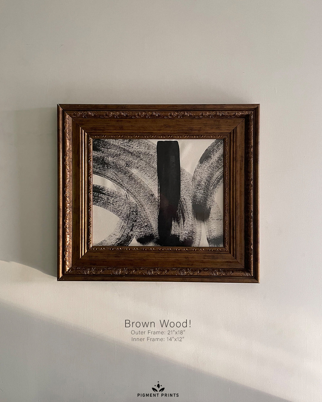 Handcrafted brown wood wall frame with canvas painting mounted on wall