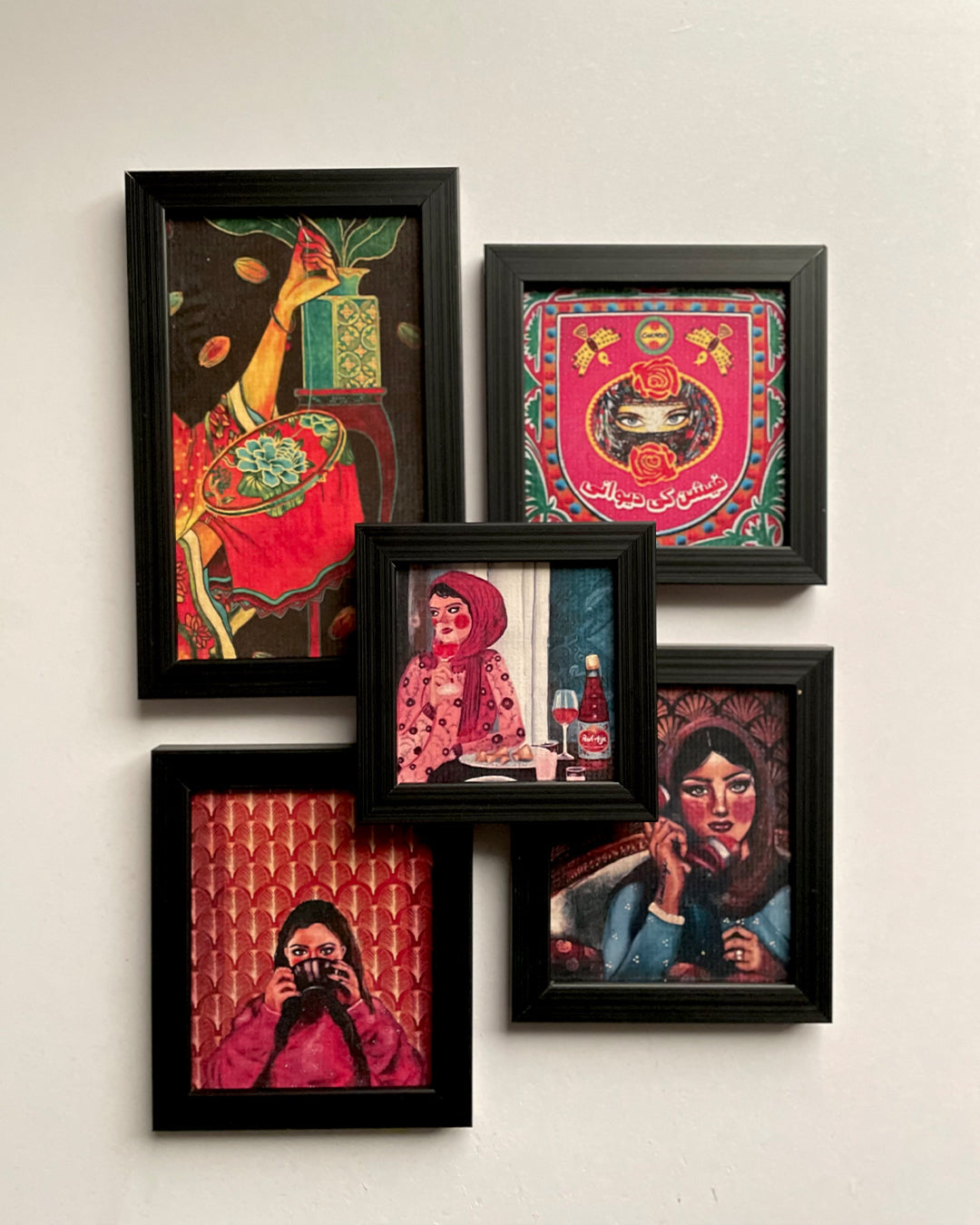 Close-up of frames in moody lighting