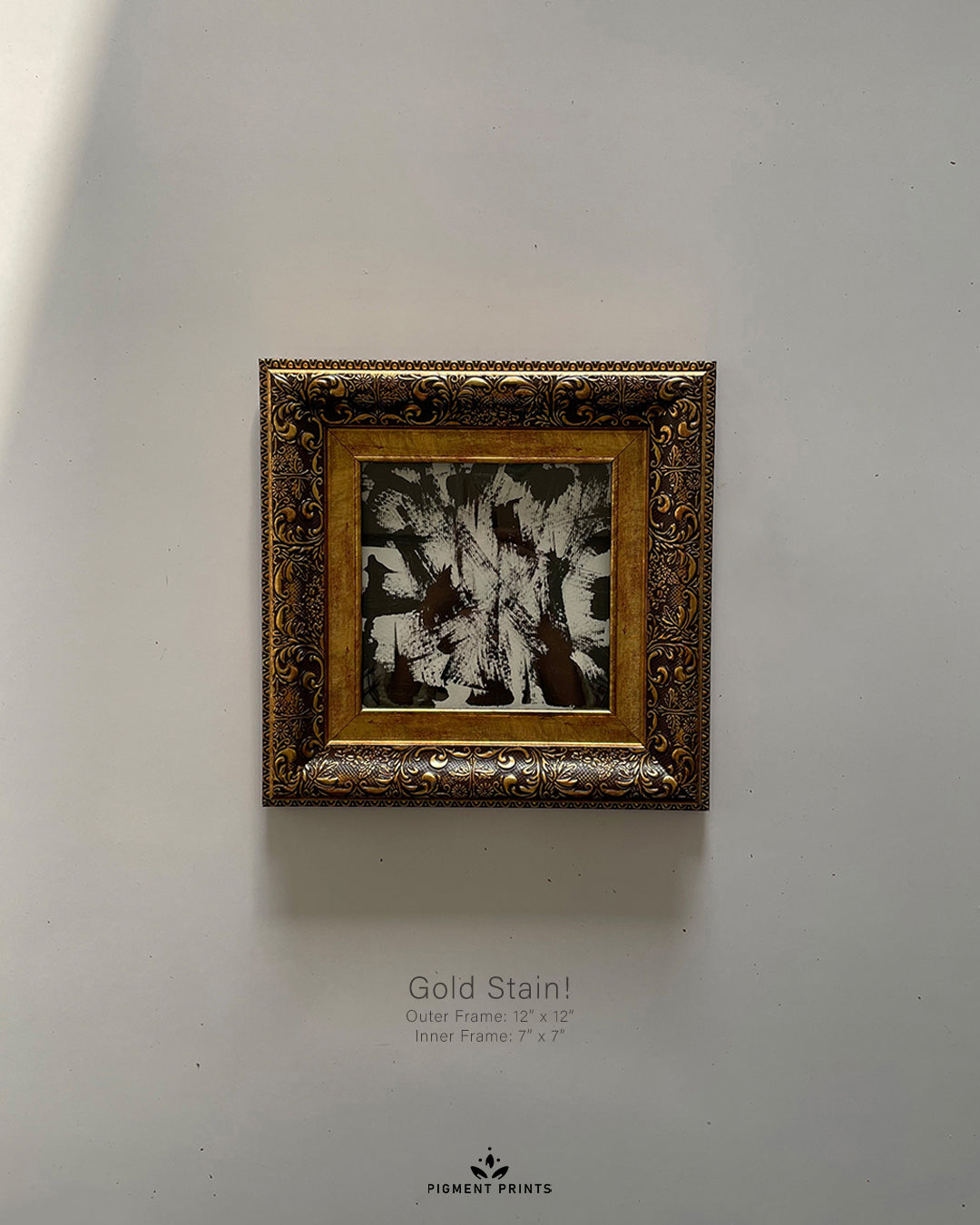Side angle of GOLD STAIN wall frame showcasing depth and design