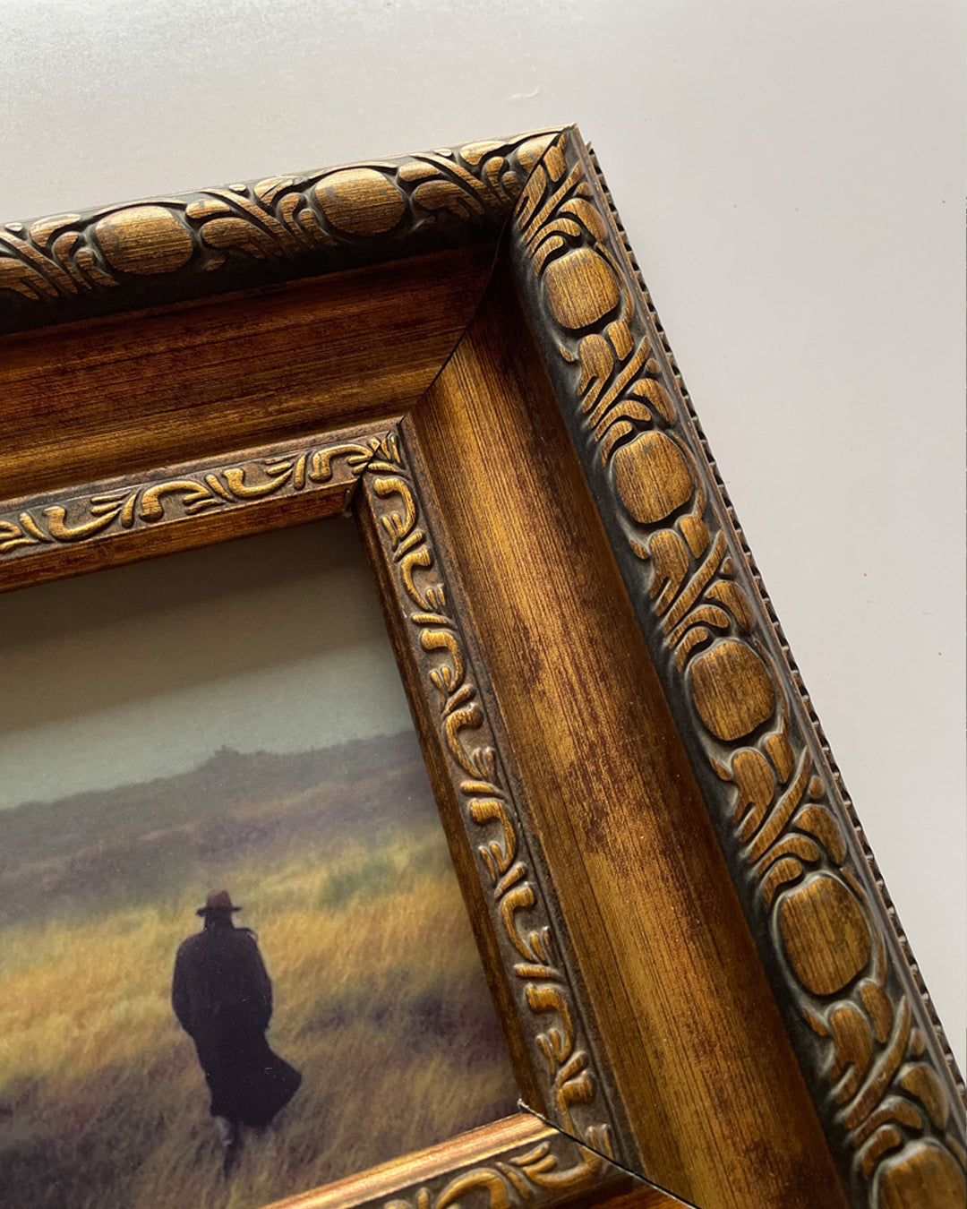 Close-up of vintage teak wood frame molding and grain