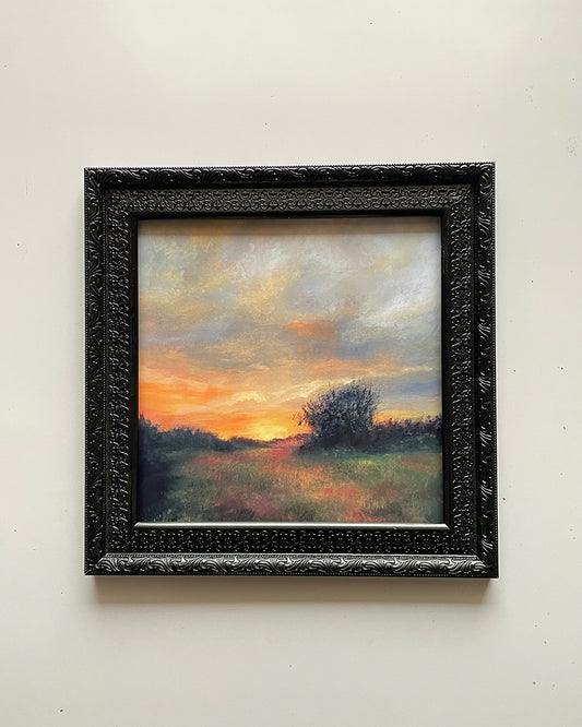 Framed sunset painting in black vintage-style PVC wood frame with textured finish – perfect for classic wall decor
